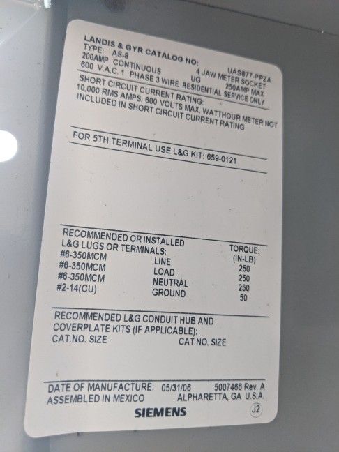 New 200amp 4 Terminal Meter Sockets