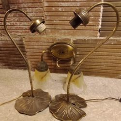Vintage 1920's Gooseneck Lilly Pad Tulip Stand Up Lamps.  Plus Duel Matching Light Fixture 