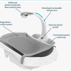 The First Years Rain Shower Baby Bathtub Set - Includes Infant Sling, Soothing Spray Shower Head, Fresh Water Tank and Built in Soft Brush - 3 in 1 Gr