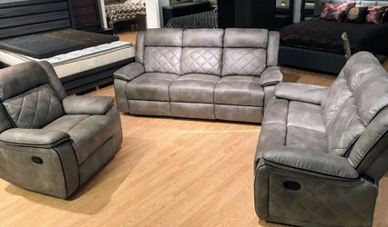 Grey Leatherette Reclining Sofa, Loveseat and Chair *BRAND NEW*