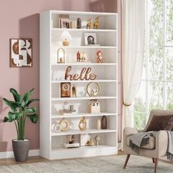 Eulas 71 in. Tall White Wood 9 Tier Standard Bookcase with Interior Shelves, Open Display Bookshelf