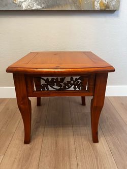 Vintage Solid Wood Maple Oak Side Table With Ornate Leaf Metal Inserts and Flared Legs