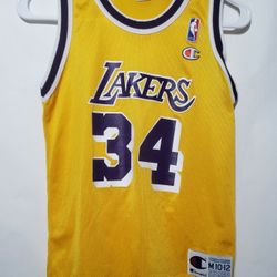 VINTAGE 90'S  LOS ANGELES LAKERS  CHAMPION  SHAQUILLE O'NEAL #34  BASKETBALL JERSEY  KIDS SIZE  M-10/12