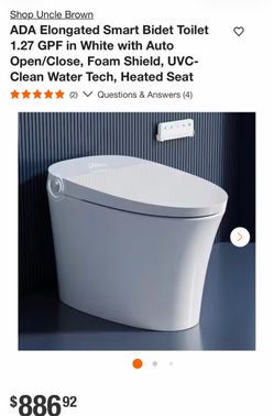 Shop Uncle Brown ADA Elongated Smart Bidet Toilet 1.27 GPF in White with Auto Open/Close, Foam Shield, UVC-Clean Water Tech, Heated Seat