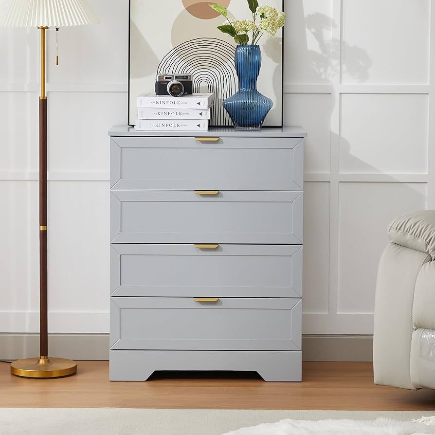 4 Drawers Dresser, Wooden Dresser for Bedroom with Large Drawer and Gold Handles Storage Chest Cabinet Organizer Living Room Closet Hallway, Light Gre
