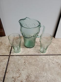 Green Coca Cola Beveled Pitcher With 2 Glasses