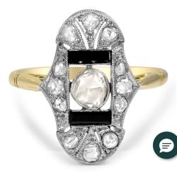 Antique Art Deco Diamond & Onyx Ring 18k Yellow Gold & White Gold With Rose Cut Diamonds And Onyx Baguettes Size 6