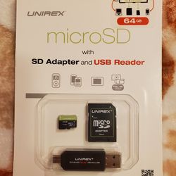 Unirex 64GB MicroSD UHS-I Card bundle with a SD Adapter and USB Reader