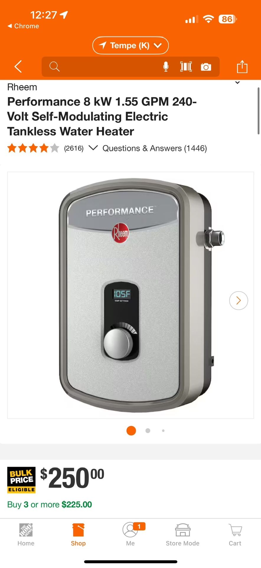Rheem Performance 8 kW 1.55 GPM 240-Volt Self-Modulating Electric Tankless Water Heater $200