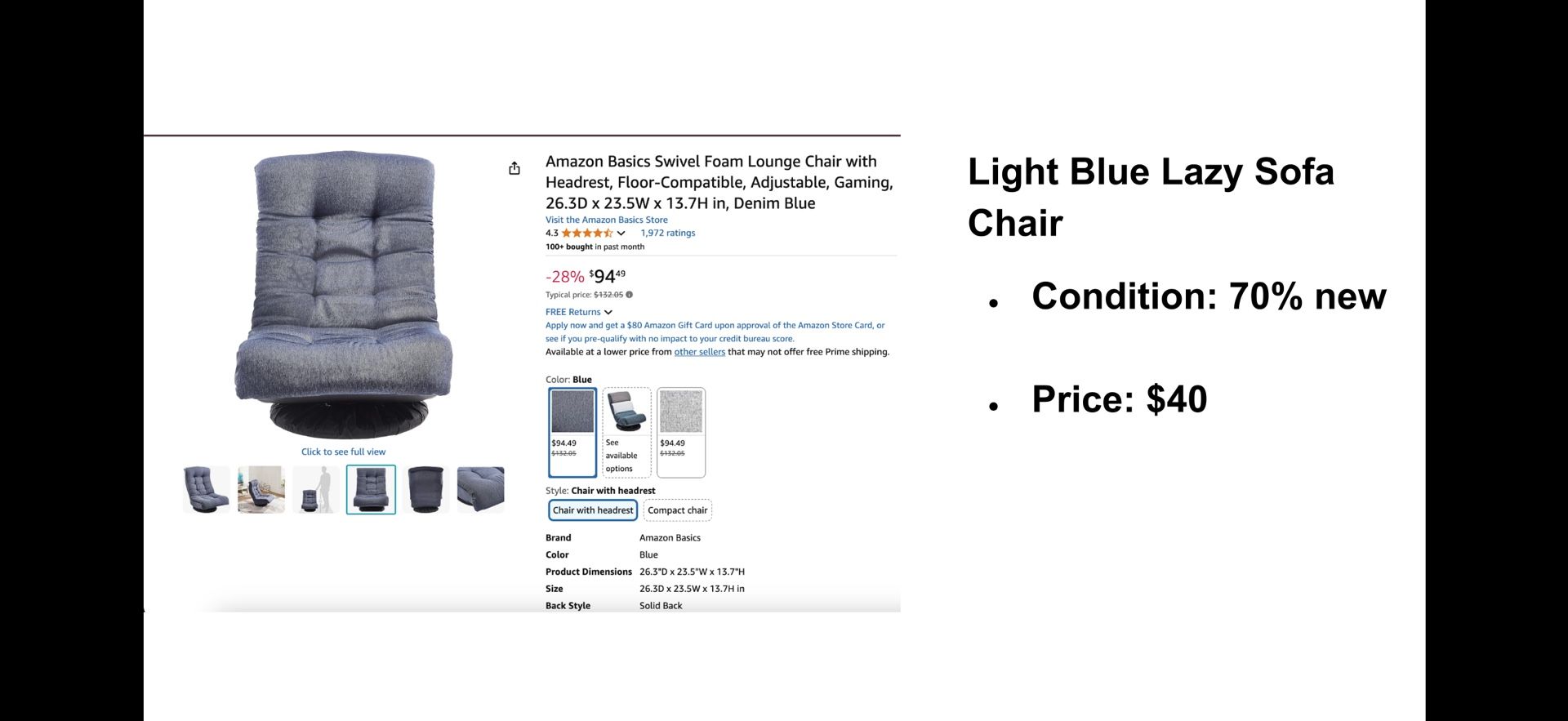 Light Blue Lazy Sofa Chair Condition: 70% new