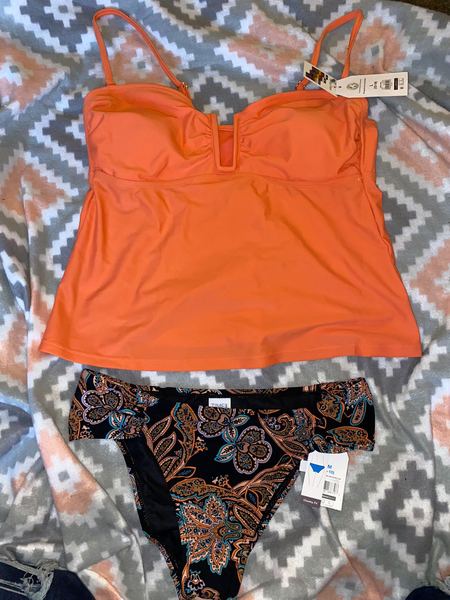WOMENS ORANGE LARGE TOP BLACK MULTICOLORED MEDIUM BOTTOM BIKINI π