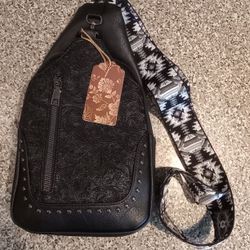 Sam & Hadley Black Studded Floral  Flower Embossed Vegan Leather Crossbody Sling Bag NEW With Tag Guitar Strap Adjustable Shoulder Cross Body