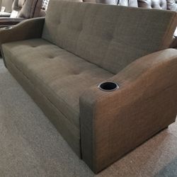 Brand New 84" x 57" Gray Linen Sofa Futon With Cup Holders