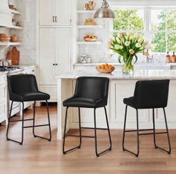 3X Black 26” faux leather barstools