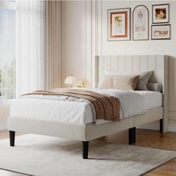 BRAND NEW-UNUSED-UNOPENED Twin Size Bed Frame w/Upholstered Wingback Headboard,Modern Fabric Platform Bed w/Wooden Slats,No Box Spring Needed beige
