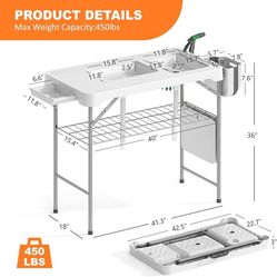 Folding Fish Cleaning Table with 2 Sinks, 42.5'' Portable Camping Sink Table with Foldable Faucet, Drainage Hose, Sprayer, Storage Box,Drawer & Groove