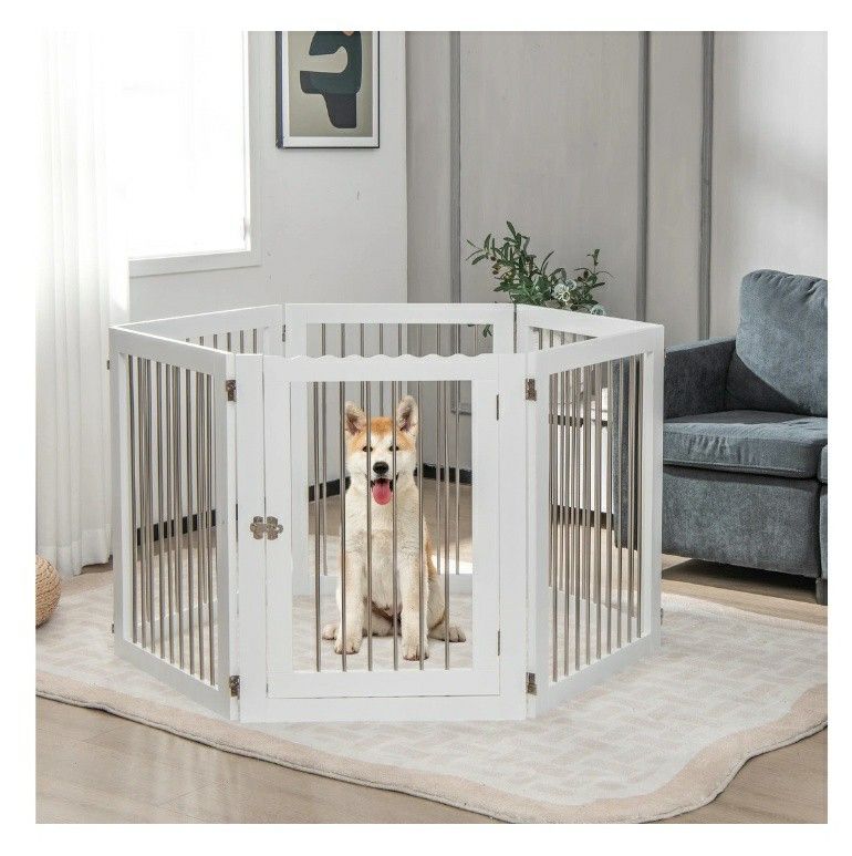 Costway 6-Panel Wood Pet Gate Dog Fence Foldable Stair Barrier Security Door White