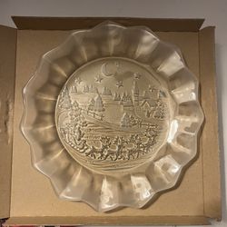 Mikasa Silent Night 14" Round Glass Platter Frosted Rim Christmas Santa Sleigh