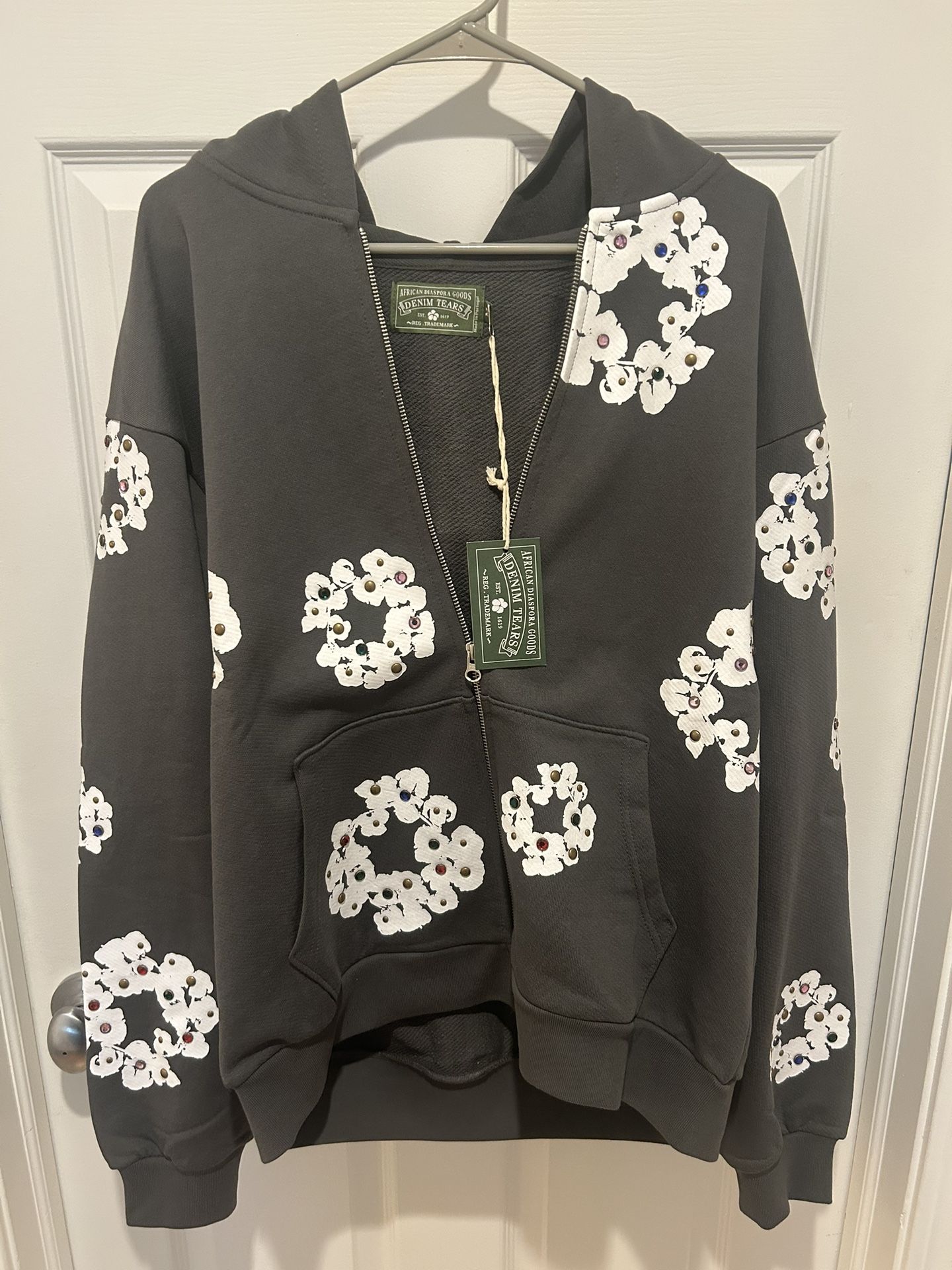 Denim Tears Rhinestone Cotton Wreath Zip Hoodie Vintage Black
