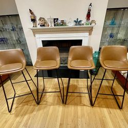 Modern Faux Leather & Metal 4 Bar Stools With Backs Wiskey Brown
