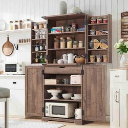 ES76 $150 2 box es76-1、es76-2  72" Tall Kitchen Pantry, Farmhouse Storage Cabinet with Barn Doors, Organizer, Drawer and Adjustable Shelves, Rustic Wo