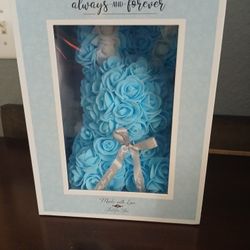 Always And Forever Blue Rose Bear Mini Faux Roses Tedy Bear  10 Inches