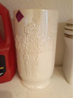 Cream Ceramic Vase with Embossed Cross