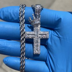 Iced Out Crown Cross Silver Rope Chain 