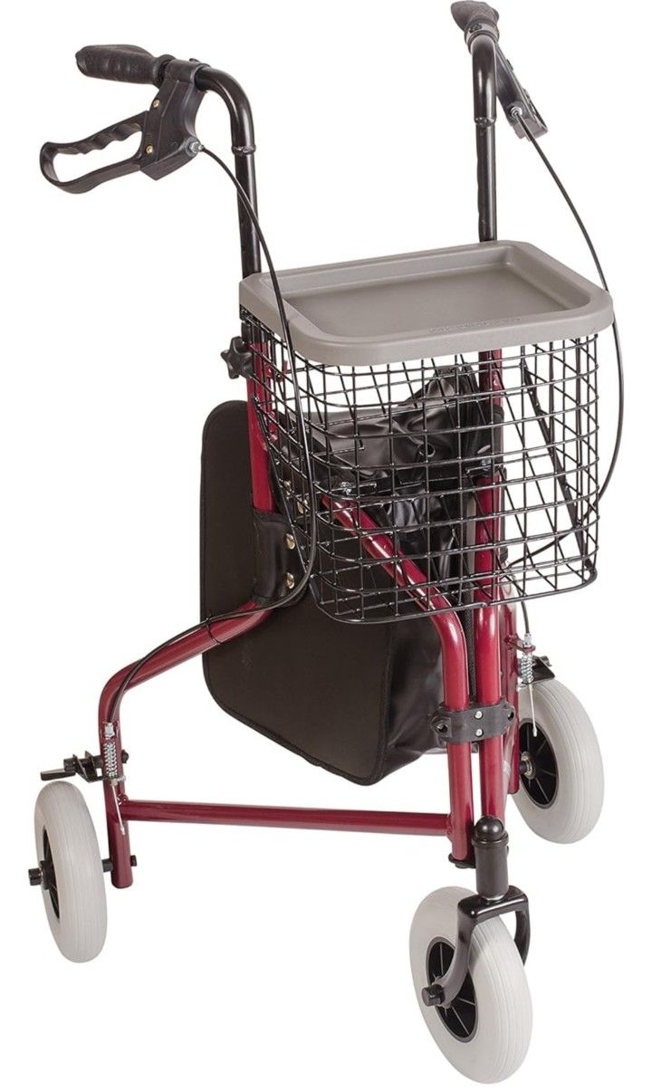 DMI 3-Wheel Folding Aluminum Rollator Walker with Swivel Front Wheel, Burgundy