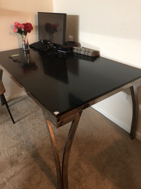 Dining Table - Black Top and Steel Frame with 3 solid wood chairs