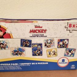 DISNEY JUNIOR Mickey Mouse 8 Puzzle Pack, 24 Pieces each, Storage Box Included. New & Sealed