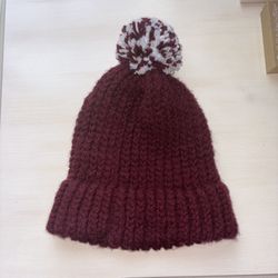 Homemade Knitted Maroon & White Winter Hat
