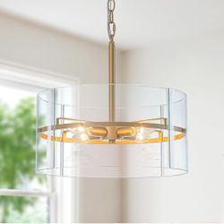 15.75” Gold Glass Chandelier Dining Room Drum Pendant Light Fixture Over Table Semi Flush Ceiling Lighting Hanging Lights for Kitchen Island Living Ro