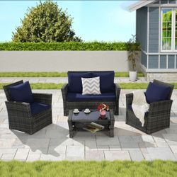 4 Pieces Outdoor Patio Furniture Sets Garden Rattan Chair Wicker Set, Poolside Lawn Chairs with Tempered Glass Coffee Table Porch Furniture
