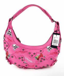 Ed Hardy Pink Studded Hobo Shoulder Bag Purse Skull & Heart Print Zip NWT