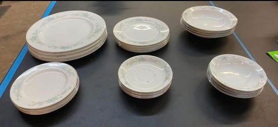 table setting for four, plates, saucers and bowls, Royal Court Fine China “Blue Fantasy”