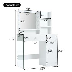 Vanity Desk with Mirror and 3 Lighting Modes, Makeup Vanity with Glass Top and Storage Shelves, Dressing Table with 2 Drawers and Cabinet, White