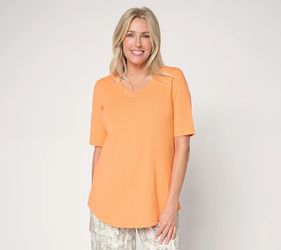 Denim & Co. Essentials Favorite Jersey Elbow Sleeve V-Neck Tunic Soft Orange, 1X