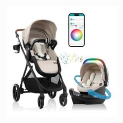 EVENFLO Shyft Intuiti+ Travel System featuring Revolve180 LiteMax NXT Preemie & Infant Car Seat with SensorySoothe and Green & Gentle (Champagne)
