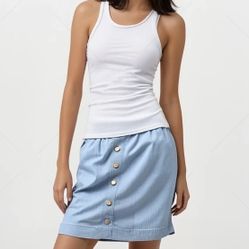 Loft Light Blue Denim Short Skirt Size S Faux Button Down Elastic Waist 