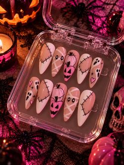 Pink Halloween Press On Nails – Cute Ghost Pumpkin Almond Nail Art