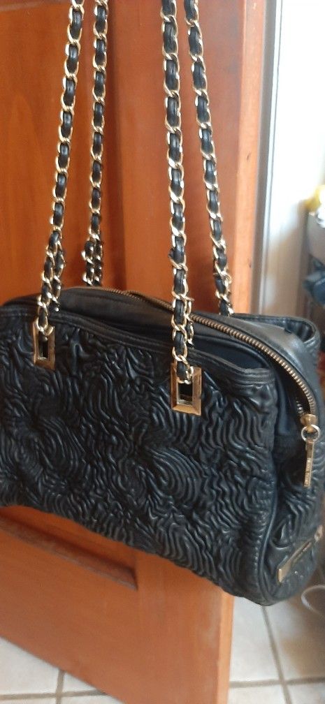 Ivanka Trump Black Faux Leather Shoulder Bag With Double Chain Straps