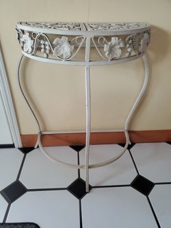 Vintage Off-white/Beige Painted Cast Iron Half Moon Table With Floral Dragonfly/Grapevine Cutouts