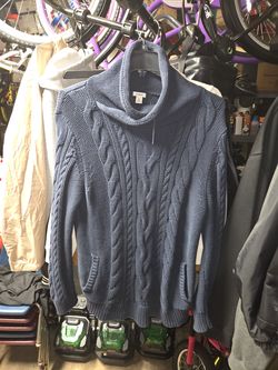 LL Bean Women’s Size XL Double L Navy Cable Funnelneck Sweater $20