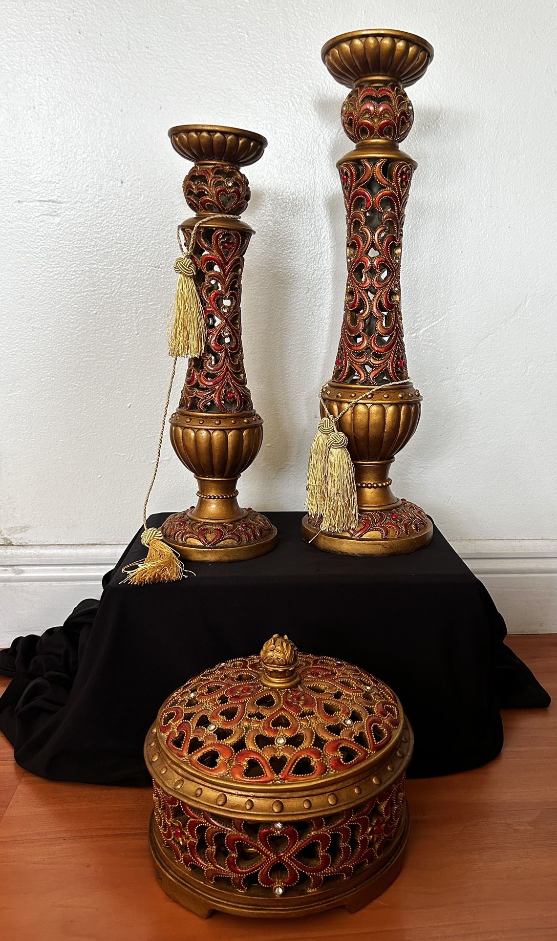 Ornate Gold and Red Candlestick Holders with Lidded Box