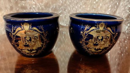 Small Vintage French Limoges Bowl planter Cobalt Blue with Gold Gilt Renaissance courting Scene