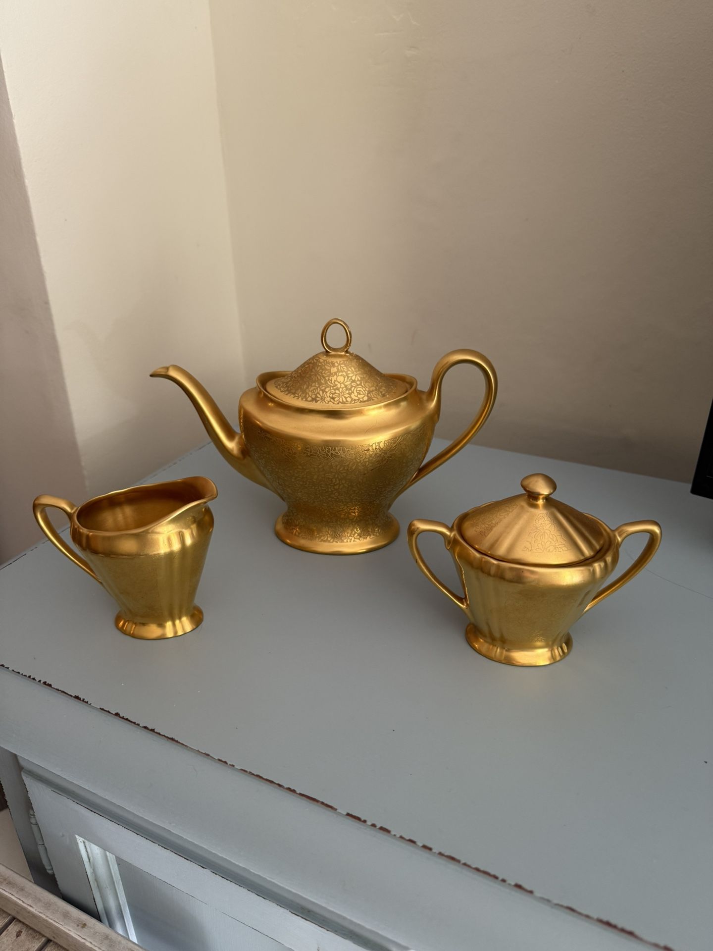 Pickard 3-Piece Tea Service 611 cream and sugar; 598 ROSE DAISY Gold Encrusted, Vintage