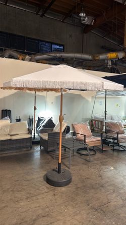 New 7.5 ft Fringe Patio Umbrella with 18 LED Solar Lights Stylish Fringe Decor. Available white or navy blue (Base not included)