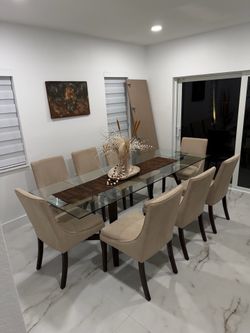 Extendable Glass Dining Room Set - Seats 6-8 with Matching Buffet & 8 Chairs
