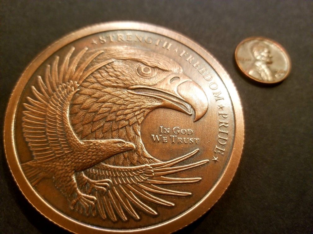 One huge 5 ounce .999 fine copper antiqued Freedom Eagle collectors piece.